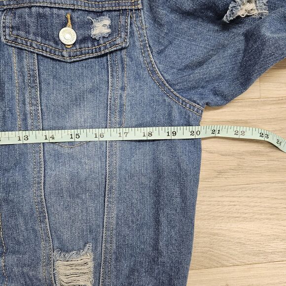 THRILL JEANS Womens Blue Gray Layered Distressed Denim Jean Jacket Medium - Picture 10 of 14